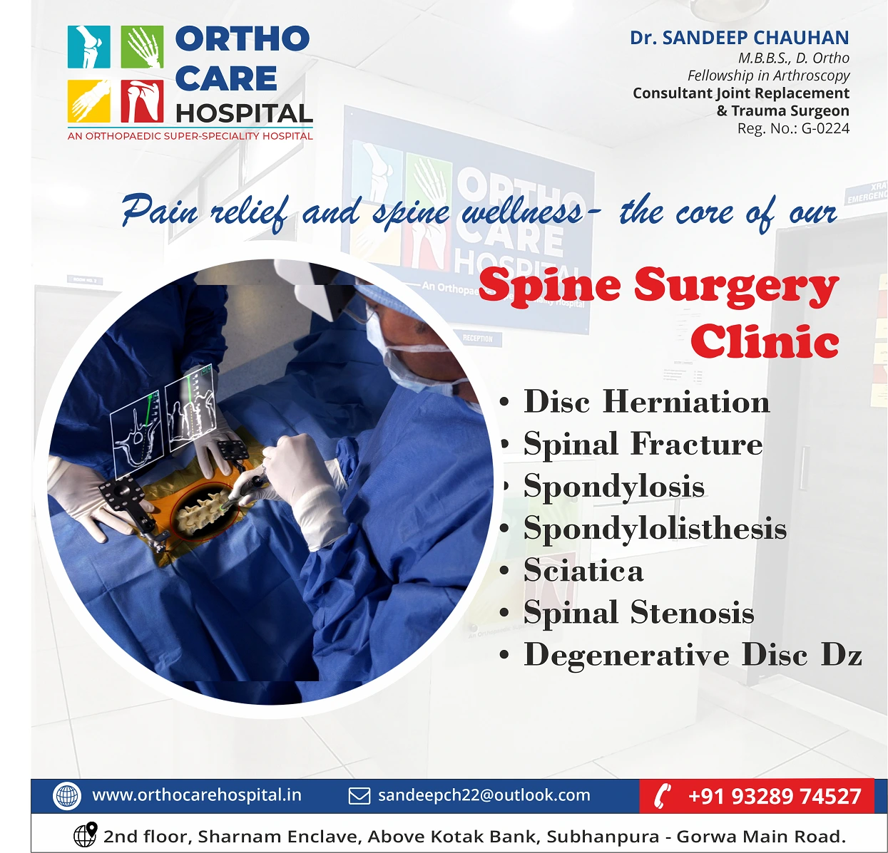 Specialized spine surgery and back pain treatment clinic at Ortho Care Hospital, New IPCL Road.