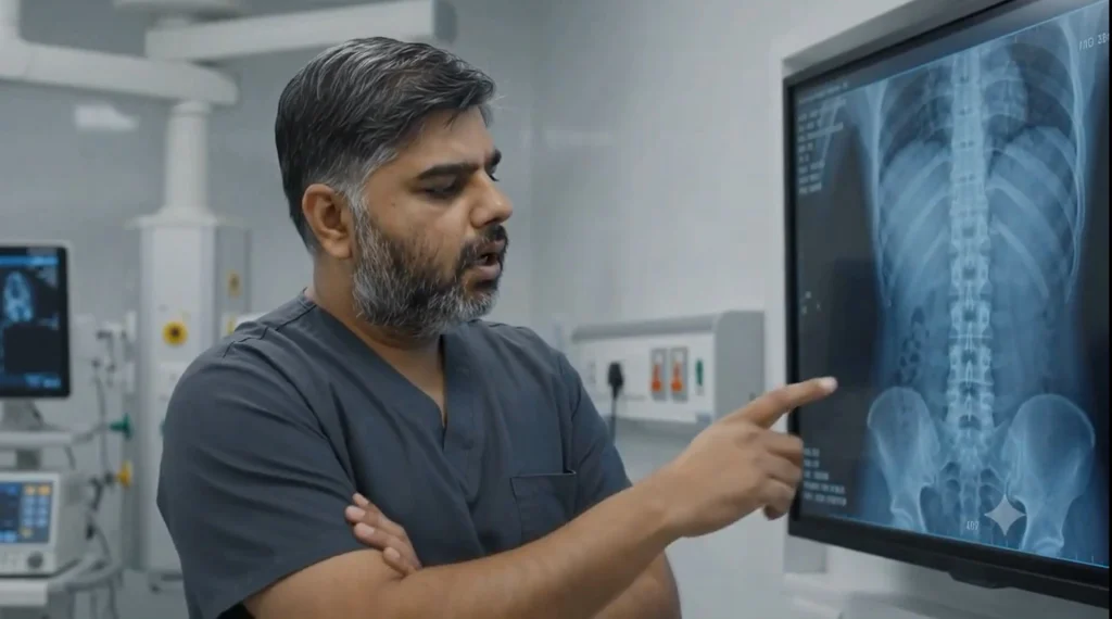 Dr. Sandeep Chauhan reviewing a patient's X-ray at our spine hospital in Vadodara